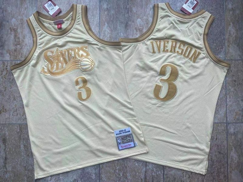 Men Philadelphia 76ers #3 Iverson  White 2000-2001 all gold dense embroidery NBA Jersey->philadelphia 76ers->NBA Jersey